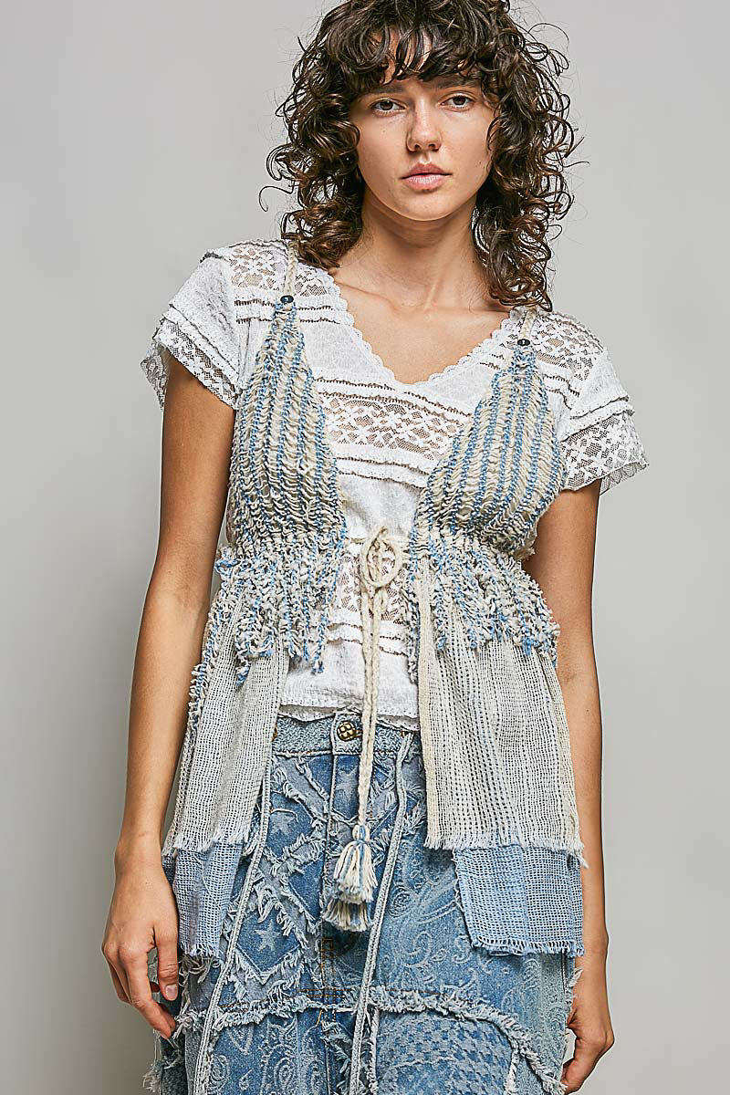 POL Subtle Stripe Pattern Cross-Back String Top with Center Tie Detail