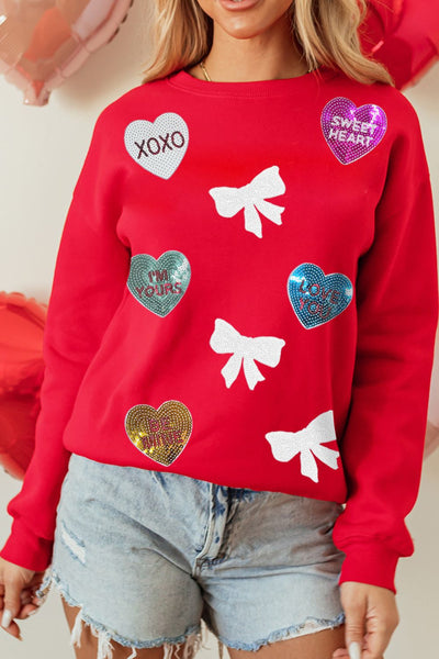 Explore More Collection - Valentine’s Day Sequin Bow Heart Round Neck Sweatshirt