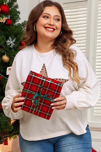 Explore More Collection - Plus Size Studded Star Round Neck Long Sleeve Blouse