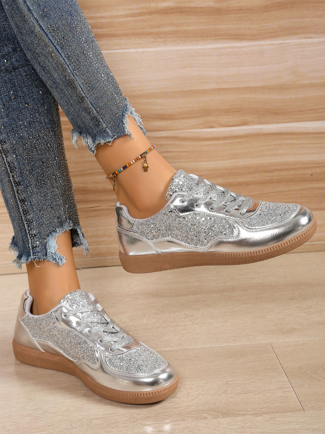 Explore More Collection - Sequin PU Leather Flat Sneakers