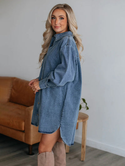 Explore More Collection - Button Up Collared Neck Long Sleeve Denim Dress