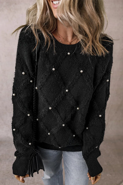 Explore More Collection - Pearl Detail Round Neck Long Sleeve Sweater