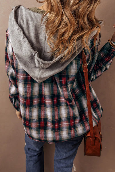 Explore More Collection - Drawstring Plaid Button Up Hooded Shacket