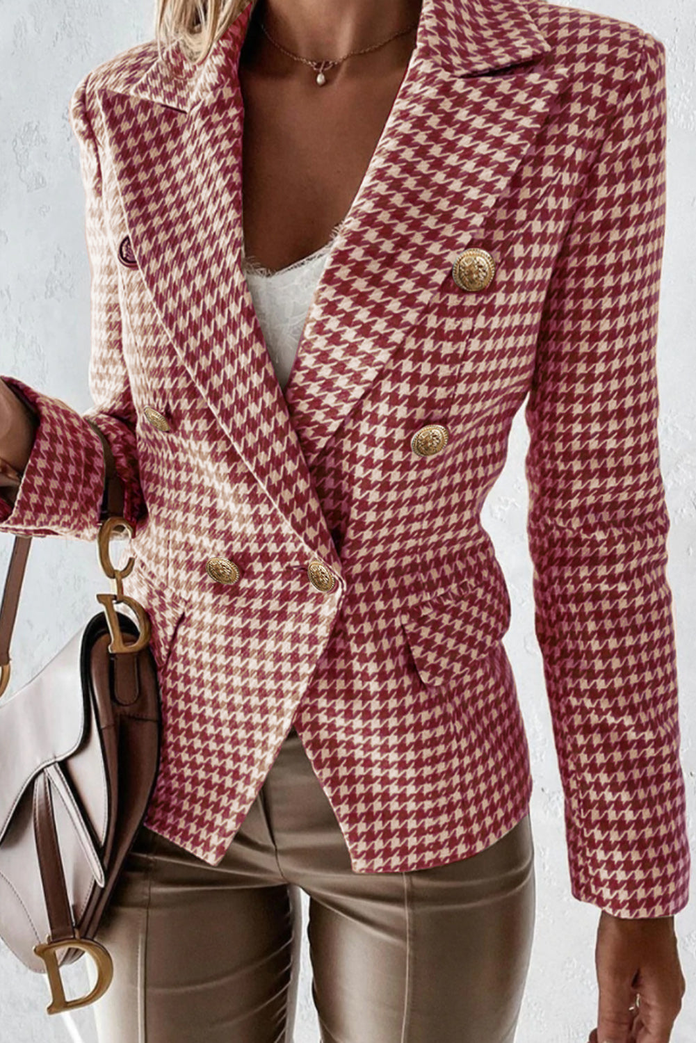 Explore More Collection - Houndstooth Collared Neck Double-Breasted Blazer