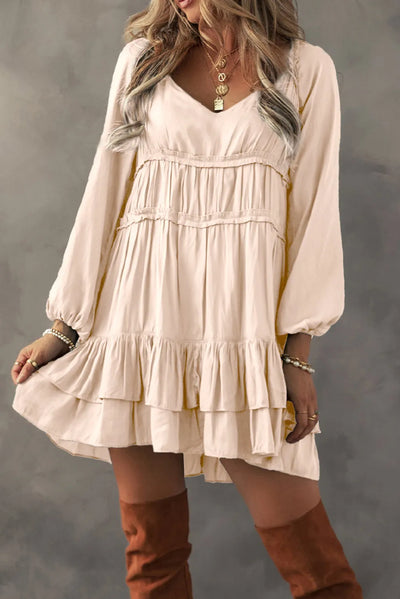 Explore More Collection - Frill Ruffled V-Neck Long Sleeve Mini Dress