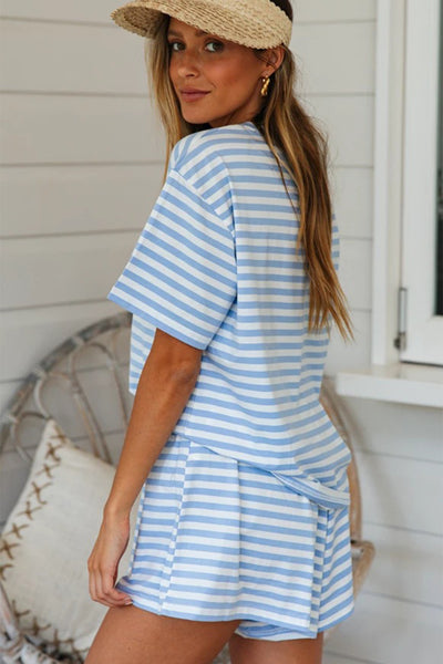 Explore More Collection - Striped Round Neck Top and Shorts Set