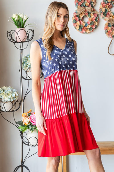 Explore More Collection - Heimish Full Size US Flag Theme Contrast Tank Dress