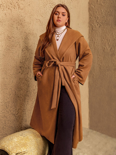 Explore More Collection - Plus Size Tied Long Sleeve Hooded Coat with Pockets