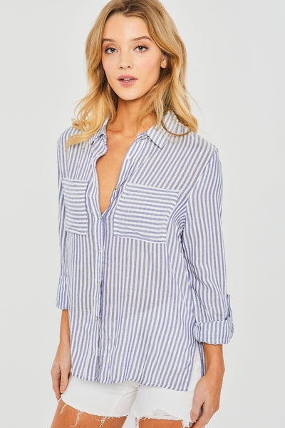 Explore More Collection - Love Tree Striped Collared Neck Long Sleeve Shirt