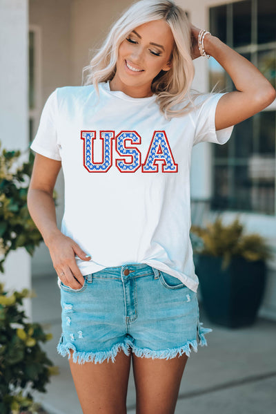 Explore More Collection - USA Graphic Embroidered Round Neck T-Shirt