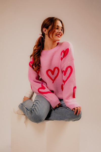 Explore More Collection - Long Sleeve Round Neck Heart Printed Sweater