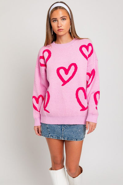 Explore More Collection - Long Sleeve Round Neck Heart Printed Sweater