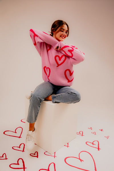 Explore More Collection - Long Sleeve Round Neck Heart Printed Sweater