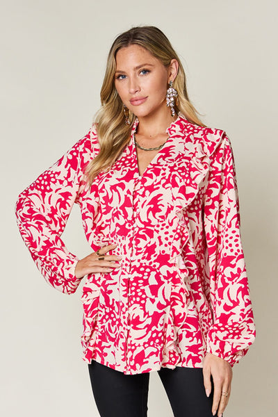 Explore More Collection - Double Take Full Size Printed Ruffle Trim Balloon Sleeve Shirt