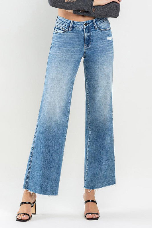 Explore More Collection - Mid Rise Raw Hem Wide Leg Jeans