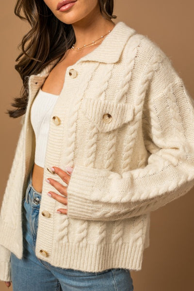 Explore More Collection - Collared Cable Sweater Cardigan