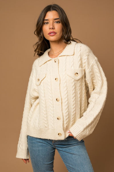 Explore More Collection - Collared Cable Sweater Cardigan