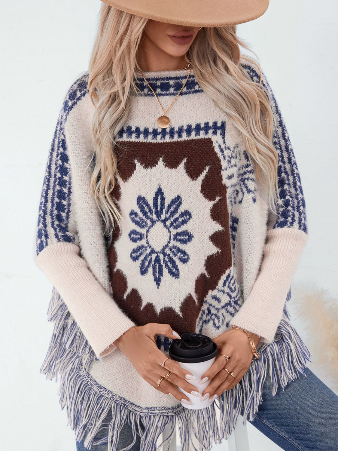 Explore More Collection - Fringe Geometric Long Sleeve Poncho