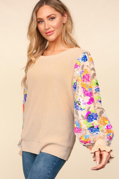 Explore More Collection - Haptics Floral Sequins Mesh Flounce Sleeve Sweater