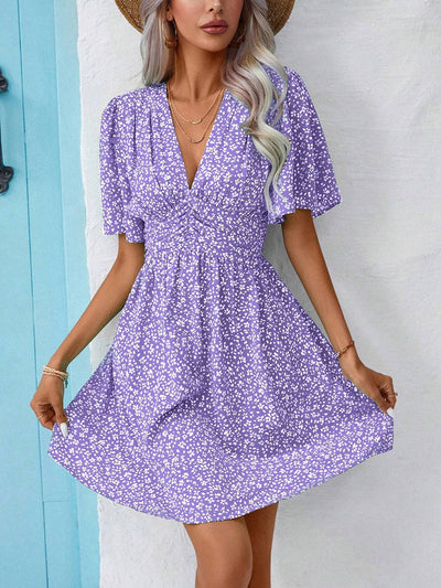 Explore More Collection - Printed V-Neck Half Sleeve Mini Dress