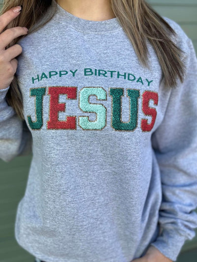 Explore More Collection - Happy Birthday Jesus Faux Patch Sweatshirt