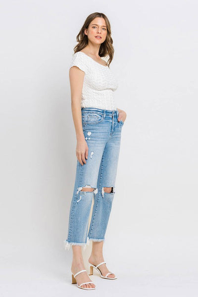 Explore More Collection - High Rise Frayed Hem Crop Straight Jeans