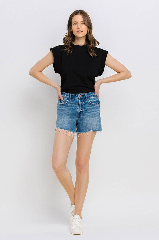 Explore More Collection - High Rise Distressed Hem A-Line Shorts