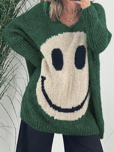 Explore More Collection - Smiling Face V-Neck Long Sleeve Sweater