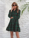 Explore More Collection - Ruffle Hem Plaid Button Down Long Sleeve Dress