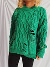 Explore More Collection - Distressed Cable-Knit Round Neck Long Sleeve Sweater