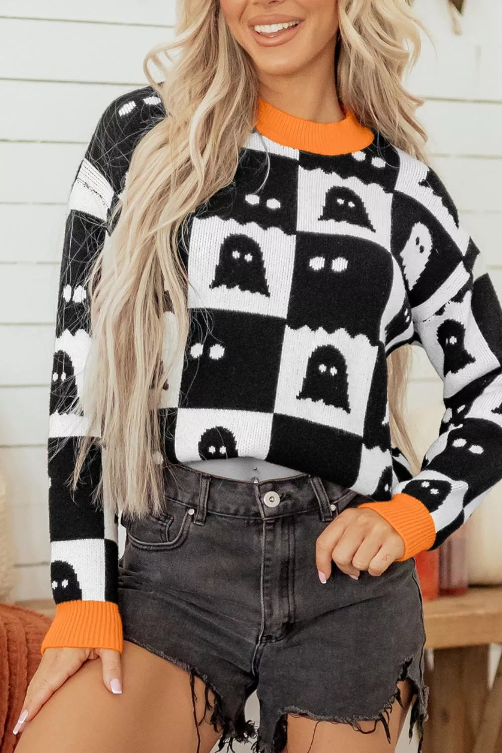 Halloween Ghost Pattern Checkerboard Sweater
