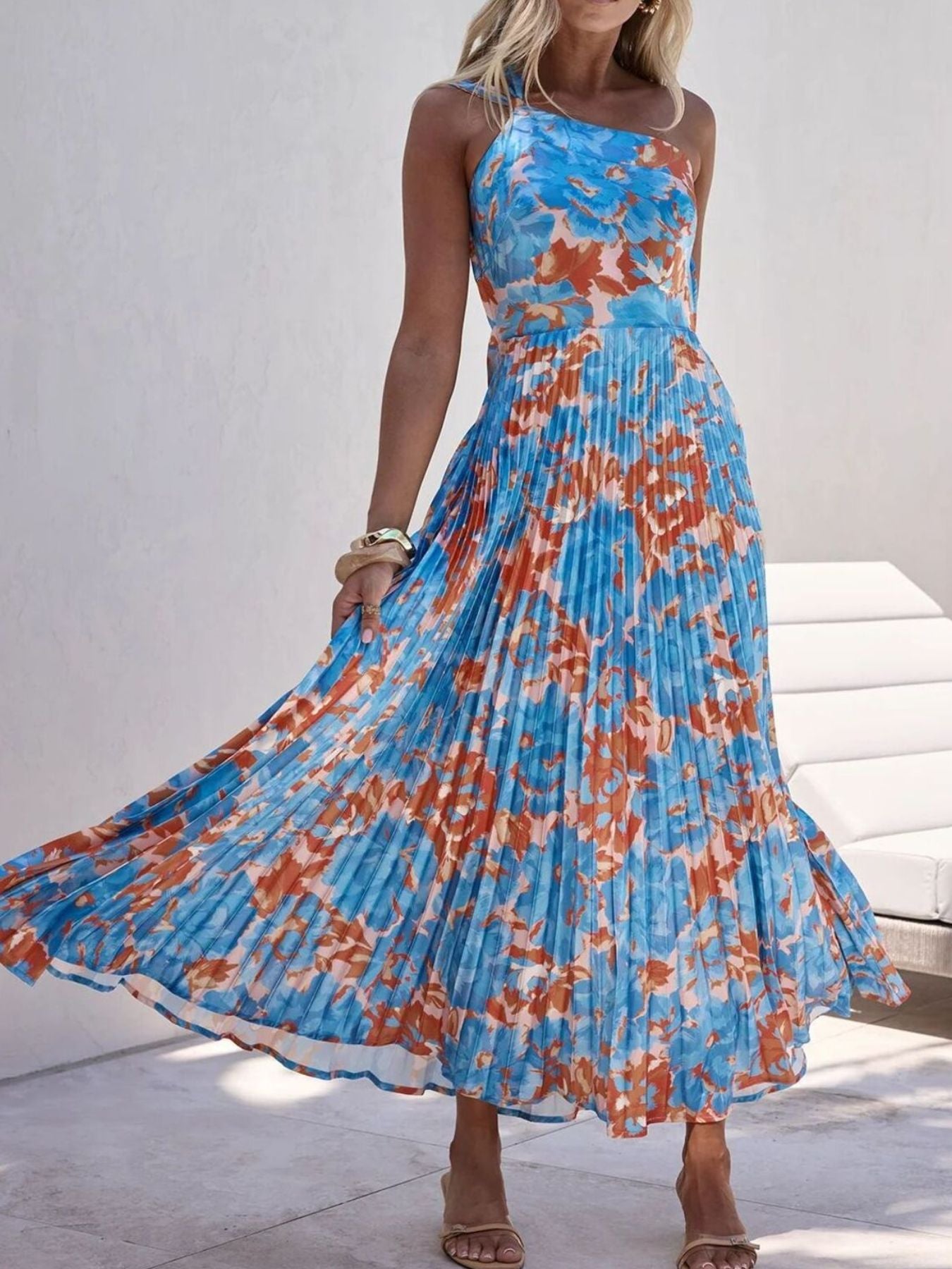 Floral Print One-Shoulder Pleated Dress