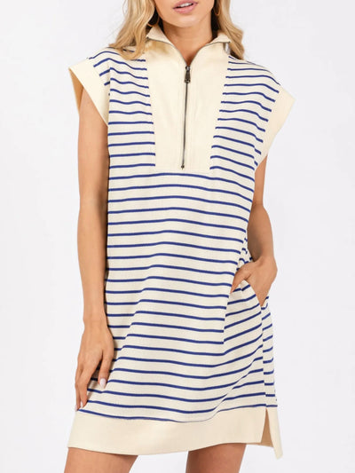 Explore More Collection - Full Size Pocketed Striped Quarter Zip Cap Sleeve Dress