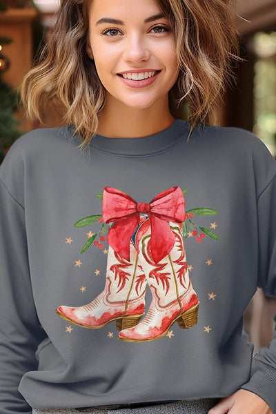 Explore More Collection - Christmas Cowgirl Boots Graphic Fleece Sweatshirts