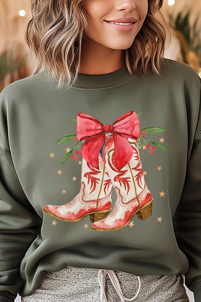 Explore More Collection - Christmas Cowgirl Boots Graphic Fleece Sweatshirts