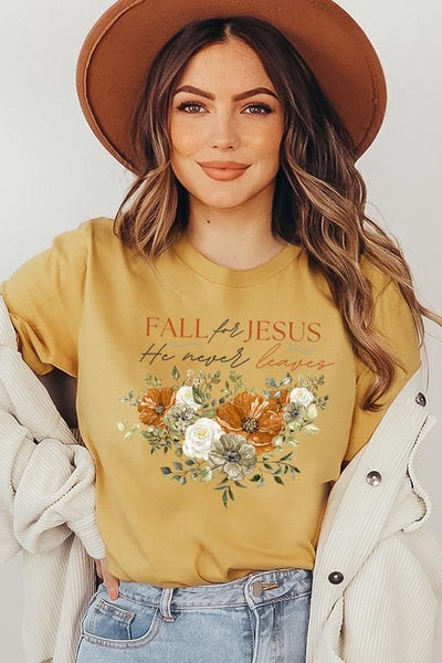 Explore More Collection - Fall For Jesus He Never Leaves Graphic Tee