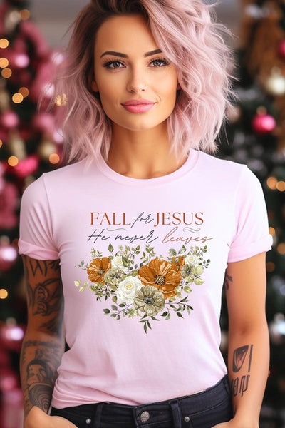 Explore More Collection - Fall For Jesus He Never Leaves Graphic Tee