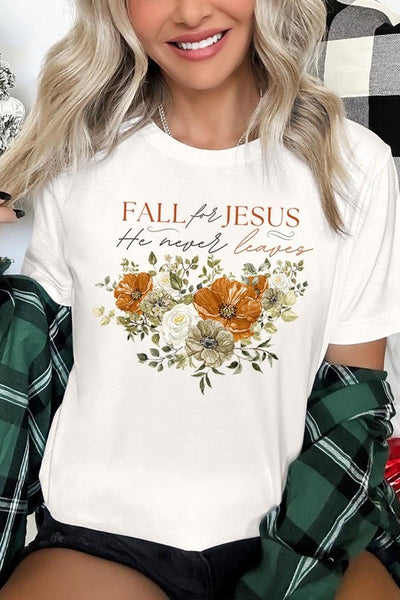 Explore More Collection - Fall For Jesus He Never Leaves Graphic Tee