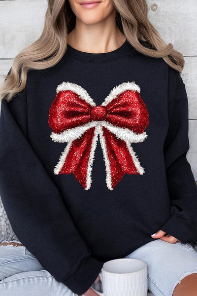 Explore More Collection - Christmas Santa Bow Graphic Fleece Sweatshirts