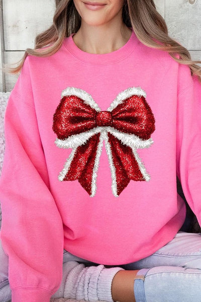 Explore More Collection - Christmas Santa Bow Graphic Fleece Sweatshirts