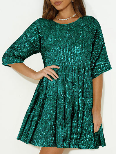 Explore More Collection - Full Size Sequin Round Neck Half Sleeve Mini Dress