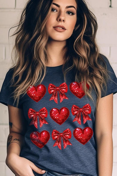 Explore More Collection - Faux Glitter Valentine Hearts & Bows Graphic Tee