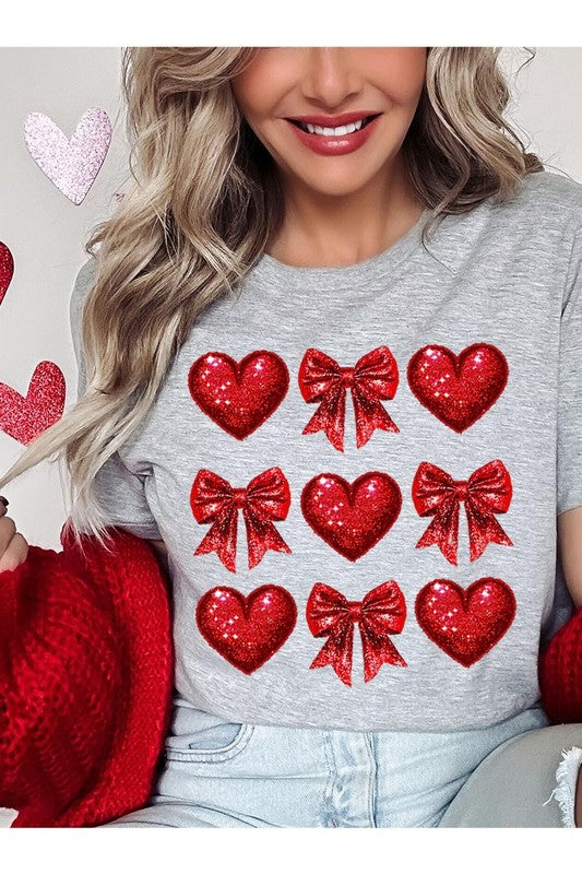 Explore More Collection - Faux Glitter Valentine Hearts & Bows Graphic Tee