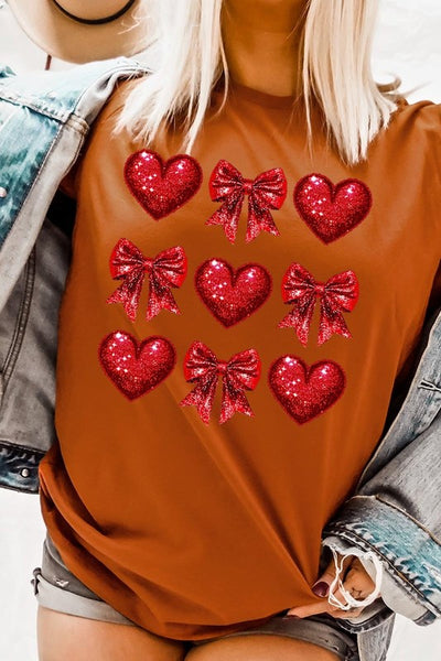 Explore More Collection - Faux Glitter Valentine Hearts & Bows Graphic Tee