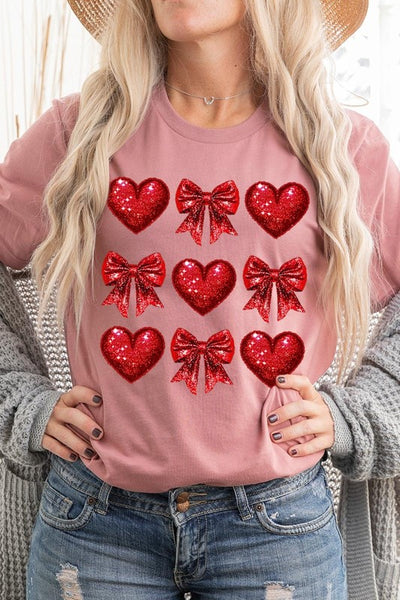 Explore More Collection - Faux Glitter Valentine Hearts & Bows Graphic Tee