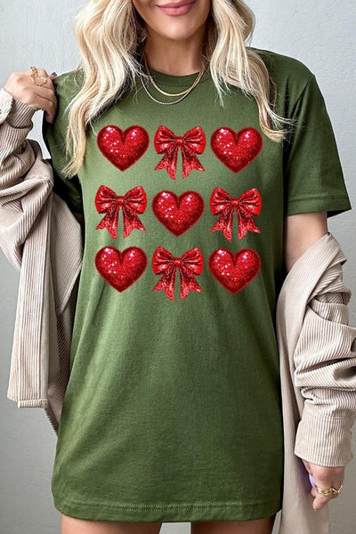 Explore More Collection - Faux Glitter Valentine Hearts & Bows Graphic Tee