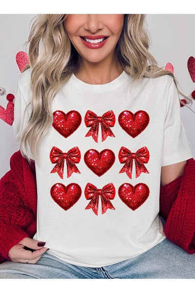 Explore More Collection - Faux Glitter Valentine Hearts & Bows Graphic Tee