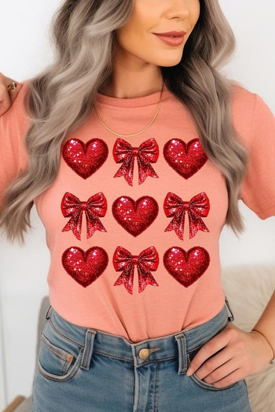 Explore More Collection - Faux Glitter Valentine Hearts & Bows Graphic Tee