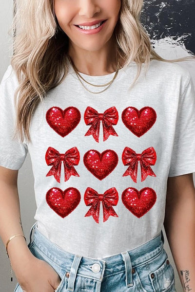 Explore More Collection - Faux Glitter Valentine Hearts & Bows Graphic Tee