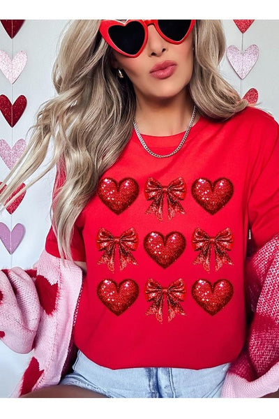 Explore More Collection - Faux Glitter Valentine Hearts & Bows Graphic Tee